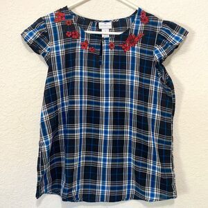 Liz Claiborne Blue Plaid Embroidered 100% Cotton Short Sleeve top Size Large